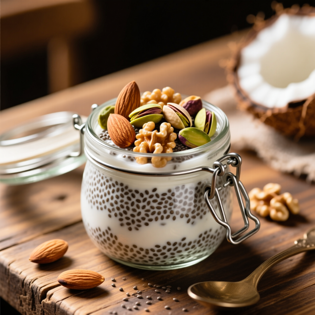 پودینگ دانه چیا با شیر نارگیل و مغزها